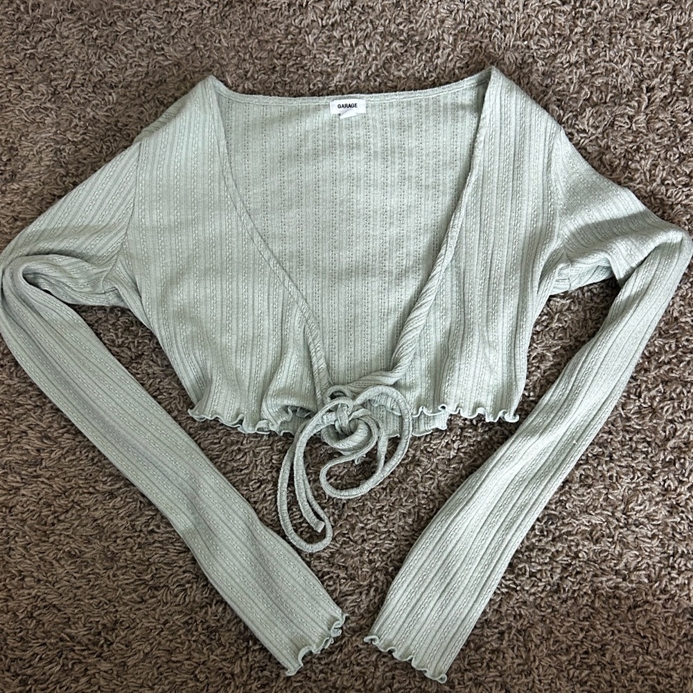 Garage Green Ribbed Tie Front Crop Top